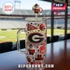 Georgia Bulldogs Rhinestone Accent 40oz Tumbler with Handle featuring team logos, football graphics, and a mascot straw topper.