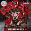 Georgia Bulldogs Sanford Stadium Hawaiian shirt in red featuring Uga the mascot, championship trophies, and team logos.