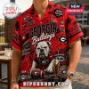 Georgia Bulldogs Sanford Stadium Hawaiian shirt in red featuring Uga the mascot, championship trophies, and team logos.