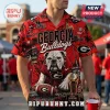Georgia Bulldogs Sanford Stadium Hawaiian shirt in red featuring a bulldog, championship trophy, and football graphics.