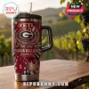 Georgia Bulldogs Tie-Dye YETI Stanley Tumbler with red, black, and white swirl pattern, G logo, and football stadium graphic.