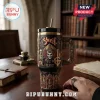 Ghost 20 Years Anniversary Stanley Tumbler Cup featuring Papa Emeritus, skeletal figures, and gothic arches on a black base.