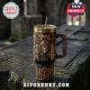 Ghost 20 Years Anniversary Stanley Tumbler Cup featuring Papa Emeritus, skeletal motifs, and gothic architecture on black.