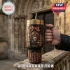 Ghost 20 Years Anniversary Stanley Tumbler Cup featuring Papa Emeritus, gothic cathedral architecture, and skeleton imagery.