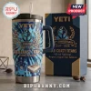 Gold Coast Titans 19th Anniversary Tie-Dye Handle Tumbler featuring a blue pattern, YETI branding, and team logo graphics.