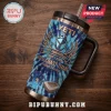Gold Coast Titans 19th Anniversary Tie-Dye Handle Tumbler with blue marble pattern, team logo, and stadium graphic.