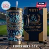 Gold Coast Titans 19th Anniversary Tie-Dye Handle Tumbler with blue swirling pattern, team logo, and years 2007 to 2026.