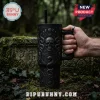 Gothic Skull Snake Black Stanley Tumbler 40oz with embossed moon phases and intricate filigree against a forest background.