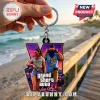 Grand Theft Auto VI Vice City keychain featuring character art on a V-shaped pendant held against a beach background.