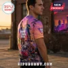 Grand Theft Auto VI Vice City Sunset Shirt featuring vibrant purple and orange tropical graphics on a crew neck t-shirt.