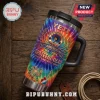 Grateful Dead 1965-2026 Anniversary YETI Tumbler Cup with tie-dye pattern, music icons, and stainless steel handle.