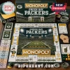 Green Bay Packers Collector Monopoly Board Game showing Lambeau Field graphic, team branding, and themed game components.