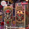 Guns N' Roses Welcome To The Jungle 40oz tumbler with skull, revolvers, and rose motifs on a metallic steel surface.