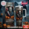 Halloween Michael Myers 48th Anniversary 40oz Tumbler with straw featuring Michael Myers art, pumpkins, and autumn leaves.