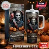 Halloween Michael Myers 48th Anniversary 40oz tumbler with Michael Myers holding a knife and carved jack-o'-lanterns.