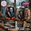 Halloween Michael Myers 48th Anniversary 40oz tumbler featuring a bloody knife, jack-o'-lanterns, and movie-themed graphics.
