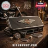 Harley-Davidson 300-Piece Collector Poker Set featuring a black case, branded chips, playing cards, and dice on wood table.