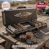 Harley-Davidson 300-Piece Collector Poker Set featuring branded chips, dice, and a black carrying case on a wooden table.