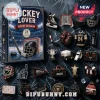 Hockey Lover 24-Piece Acrylic Ornament Advent Calendar box alongside miniature hockey gear, jerseys, and trophies on blue.