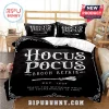 Hocus Pocus Broom Repair Black Bedding Set featuring white vintage-style text and broom graphic on a black background.