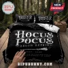 Hocus Pocus Broom Repair black bedding set featuring white typography on a duvet cover and two matching pillowcases.