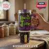Hocus Pocus It's Time Witches 40oz Stanley Tumbler with purple handle featuring a candle and magical night sky design.