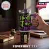 Hocus Pocus It's Time Witches 40oz Stanley Tumbler with purple handle, straw, and black design featuring candle illustration.