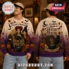 Hocus Pocus Sanderson Sisters purple ombre ugly sweater with front and back designs featuring movie characters and icons.