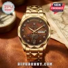 Indian Motorcycle 125th Anniversary Watch featuring a gold band and brown textured dial with vintage motorcycle branding.