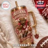 Indiana Hoosiers Go Hoosiers 40oz Stanley Tumbler featuring team mascot, cream and crimson glitter, and metallic gold handle.