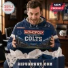 Indianapolis Colts Monopoly Collector Board Game box held by a smiling man in a blue hoodie featuring Lucas Oil Stadium image.