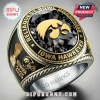 Iowa Hawkeyes 2025 Championship Commemorative Ring featuring a black gemstone, gold logo, and trophy side detail.