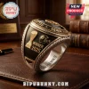Iowa Hawkeyes 2025 Championship Commemorative Ring featuring gold text, a trophy icon, and helmet detail on black enamel.