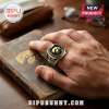 Iowa Hawkeyes 2025 Championship Commemorative Ring featuring a black gemstone center with the team logo on a hand.