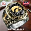 Iowa Hawkeyes 2025 Championship Commemorative Ring featuring a black stone, gold logo, and trophy emblem on silver metal.