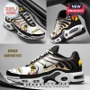 Iowa Hawkeyes Mascot Air Max Plus Sport Shoes featuring black, white, and gold colors with Herky the Hawk graphics.