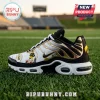 Iowa Hawkeyes Mascot Air Max Plus Sport Shoes featuring black, white, and gold accents on a football field background.