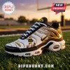 Iowa Hawkeyes Mascot Air Max Plus Sport Shoes featuring black, white, and gold colors on a stadium field grass background.