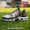 Iowa Hawkeyes Mascot Air Max Plus Sport Shoes featuring black, gold, and white panels with team branding on green grass.