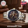 Iron Maiden Eddie Premium Quartz Watch with silver and gold metallic link band featuring an intricate skeleton dial face.