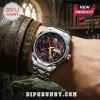 Iron Maiden Eddie Premium Quartz Watch featuring a metal band, gold accents, and a dial depicting Eddie with a UK flag.