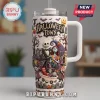 Jack and Sally Nightmare Before Christmas 2026 Tumbler with wraparound Halloween Town character print and white handle.