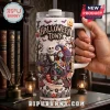 Jack and Sally Nightmare Before Christmas 2026 Tumbler with white handle, graveyard motifs, and Halloween Town text.