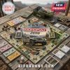 Jeep Monopoly Collector Edition board game set featuring a centered grey Jeep Wrangler on a mountain landscape game board.