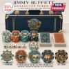 Jimmy Buffett 300-Piece Embossed Poker Set featuring tropical-themed chips, playing cards, and a dark blue carrying case.