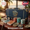 Jimmy Buffett 300-Piece Embossed Poker Set featuring a blue textured carrying case, custom chips, and playing cards on a bar.