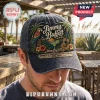 Jimmy Buffett Premium Charcoal Baseball Cap featuring a tropical parrot, guitar, margarita glass, and beach sunset graphic.