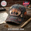 Jonas Brothers Burning Up Tour distressed baseball cap with embroidered band patches and guitar pins on denim fabric.