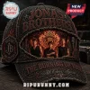 Jonas Brothers Burning Up Tour Distressed Black Cap featuring band member portraits, fire graphics, and frayed fabric edges.