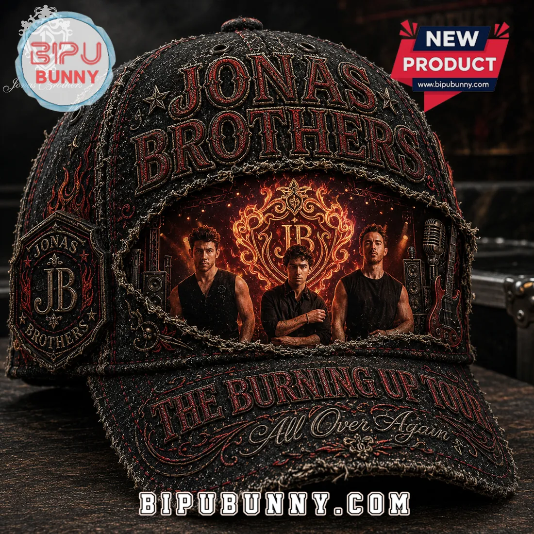 Jonas Brothers Burning Up Tour Distressed Black Cap Jonas Brothers Burning Up Tour Distressed Black Cap